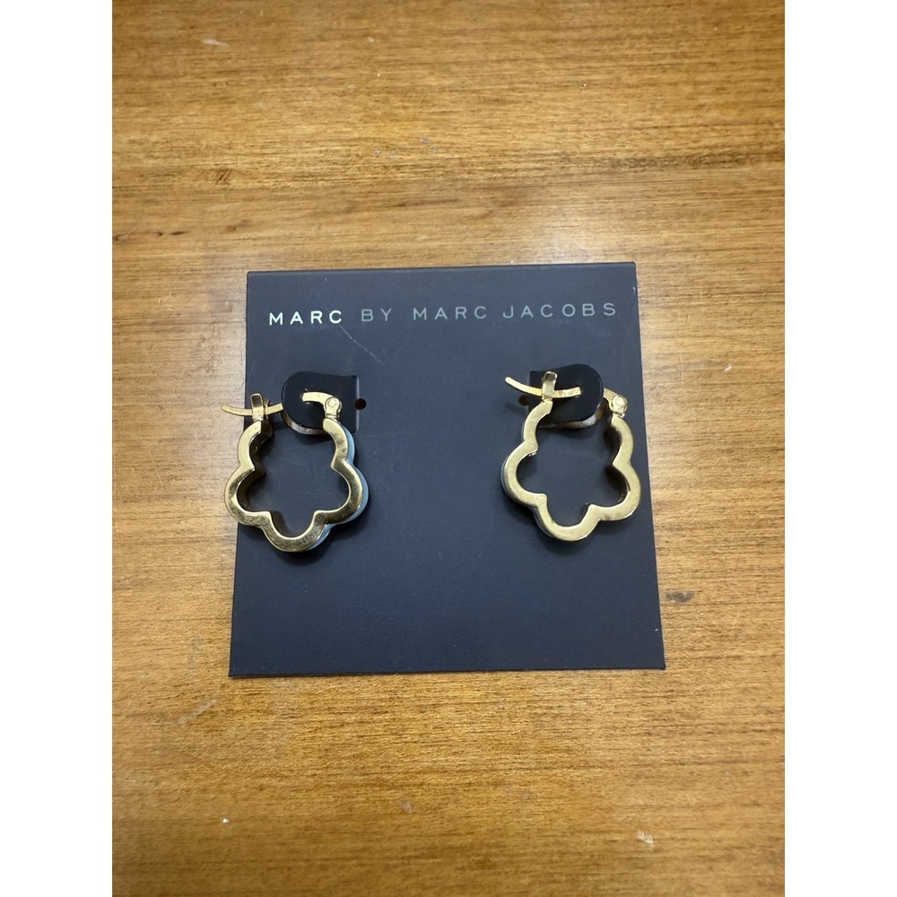 Marc By Marc Jacobs Stud Earrings Blue Gold Enamel Round‎ Logo Disc Designer